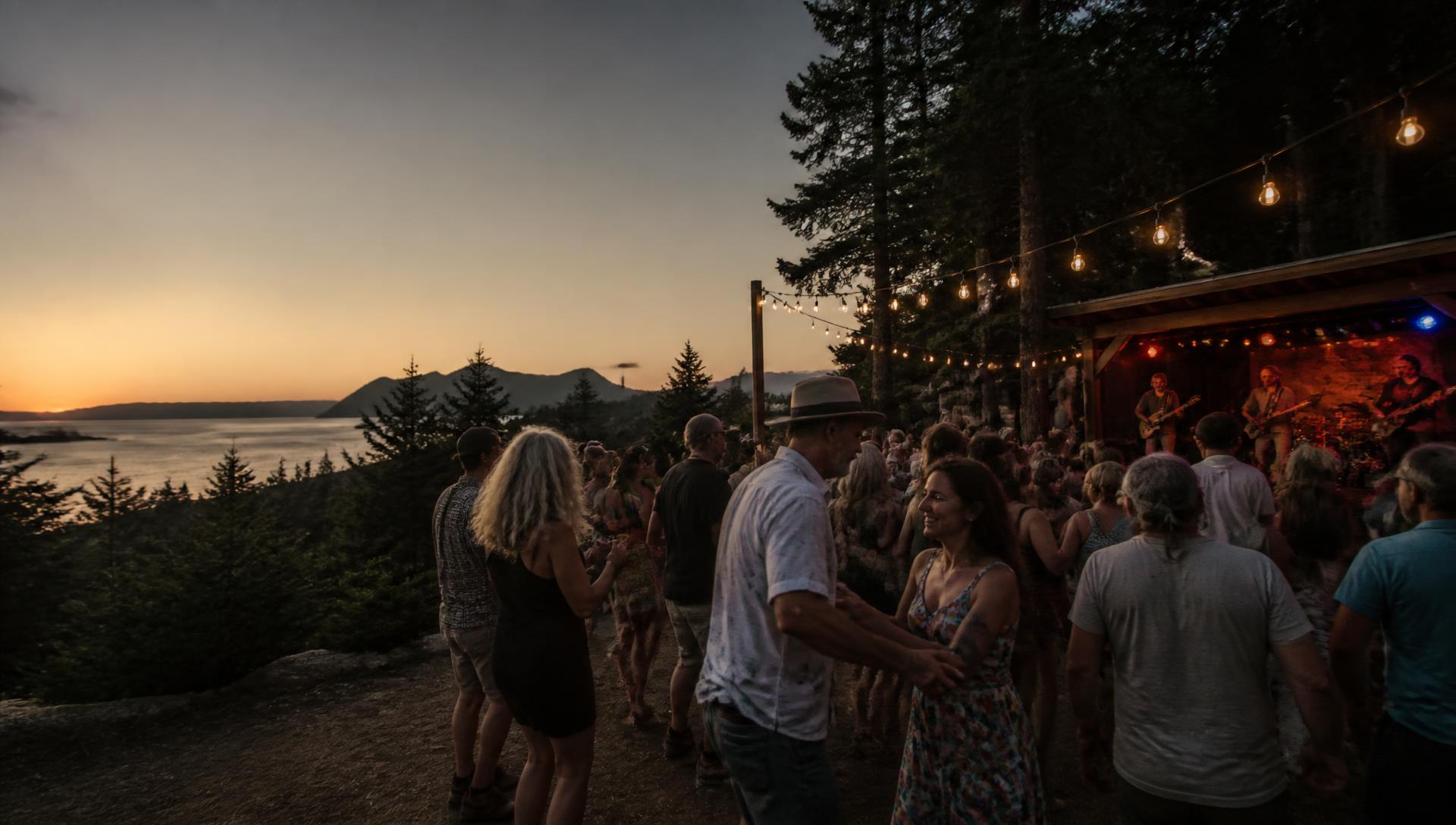 People enjoying an outdoor music celebration on Vancouver Island at sunset.