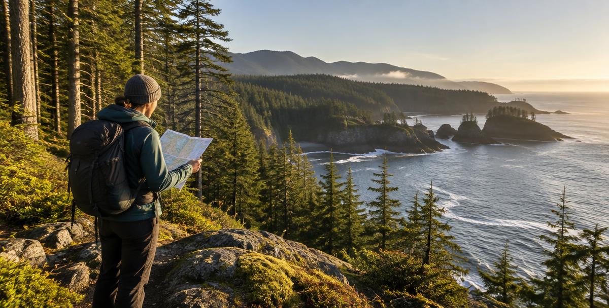 Hiker reading a map on a Vancouver Island coastal trail