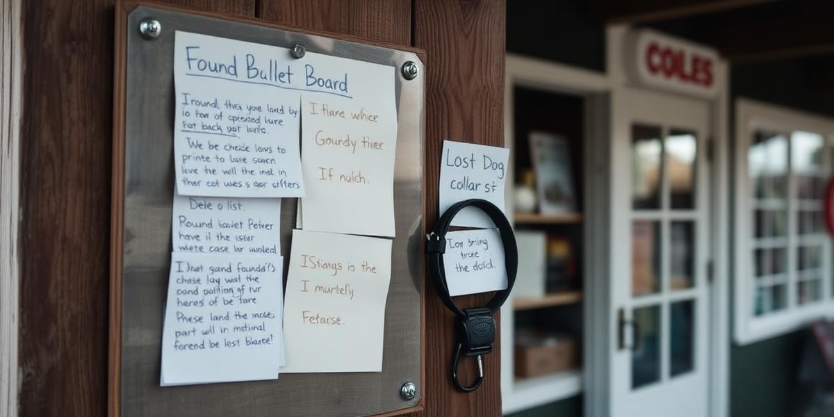 Community noticeboard with lost and found notes