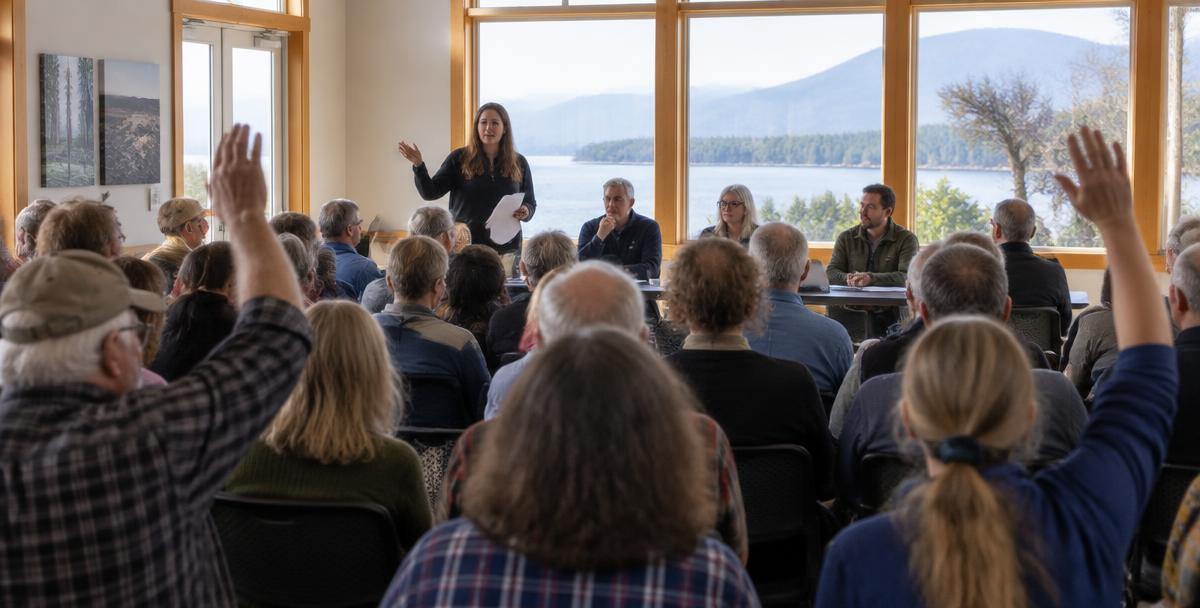 Residents raising hands at a Vancouver Island community meeting